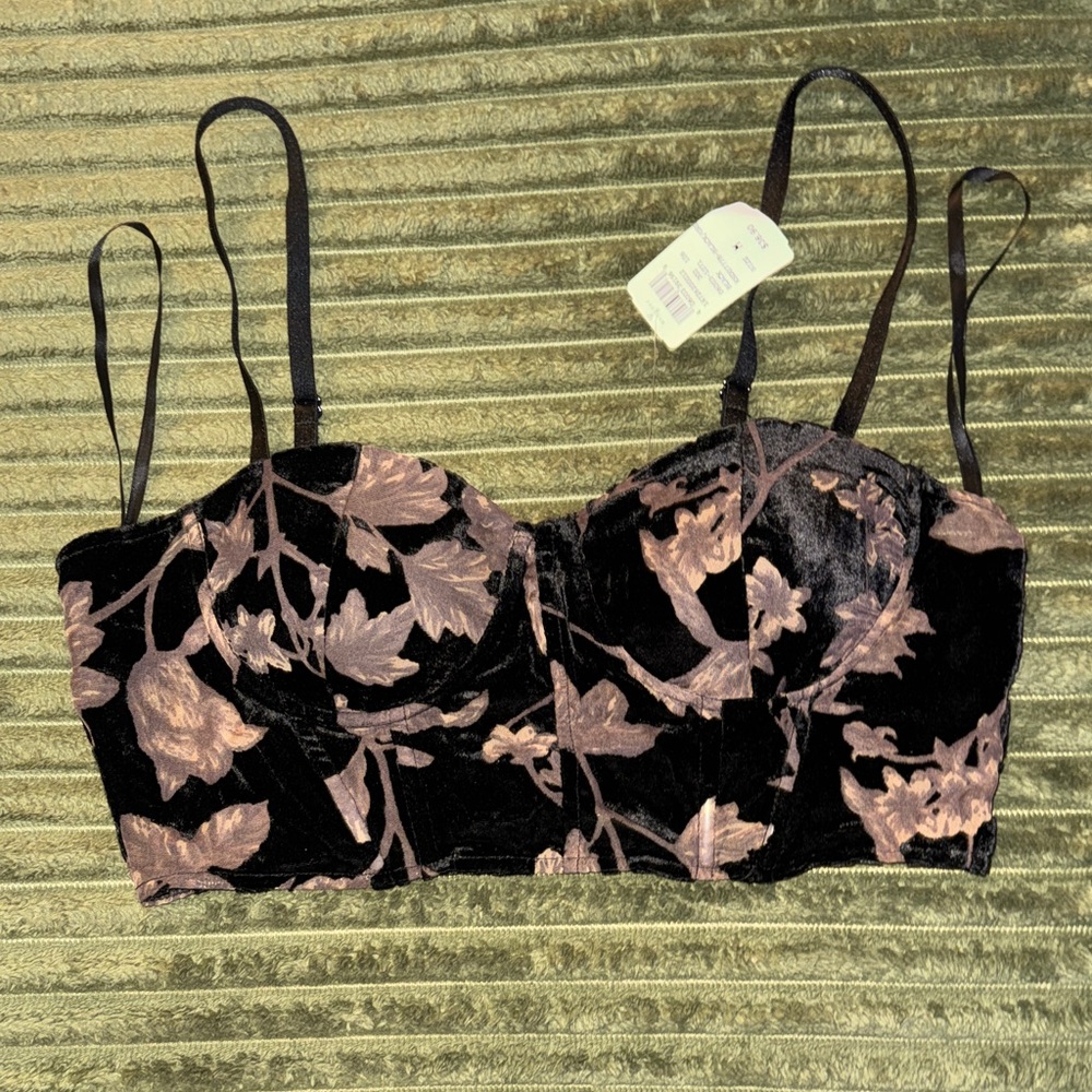 Velvet Floral Bustier Crop Top - Black & Mauve